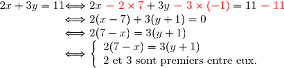 \begin{array}{r @{ \Longleftrightarrow } l} 2x+3y=11\ &\ 2x\ {\red{-\ 2\times7}}+3y\ {\red{-\ 3\times(-1)}}=11\ {\red{-\ 11}}\\&\ 2(x-7)+3(y+1)=0\\&\ 2(7-x)=3(y+1)\\&\ \left\lbrace\begin{array}l 2(7-x)=3(y+1)\\\text{2 et 3 sont premiers entre eux.} \end{array} \end{array}